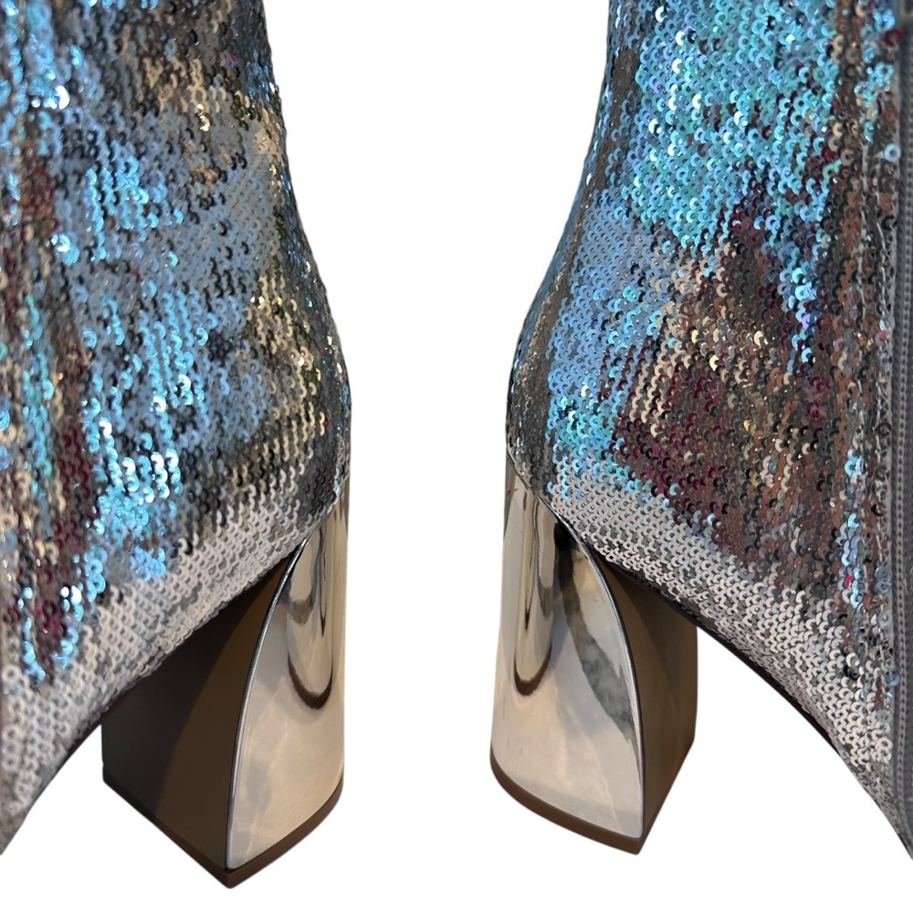 Betsey Johnson Finlee Silver Sequins Rosette Flare Heel Dress Bootie Size 10 - Picture 9 of 12